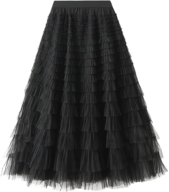 Damen Lange Stufenröcke Elastische Taille Tüllröcke Mehrschichtige Faltenröcke Mesh Tutu Röcke Puffy Maxi Röcke